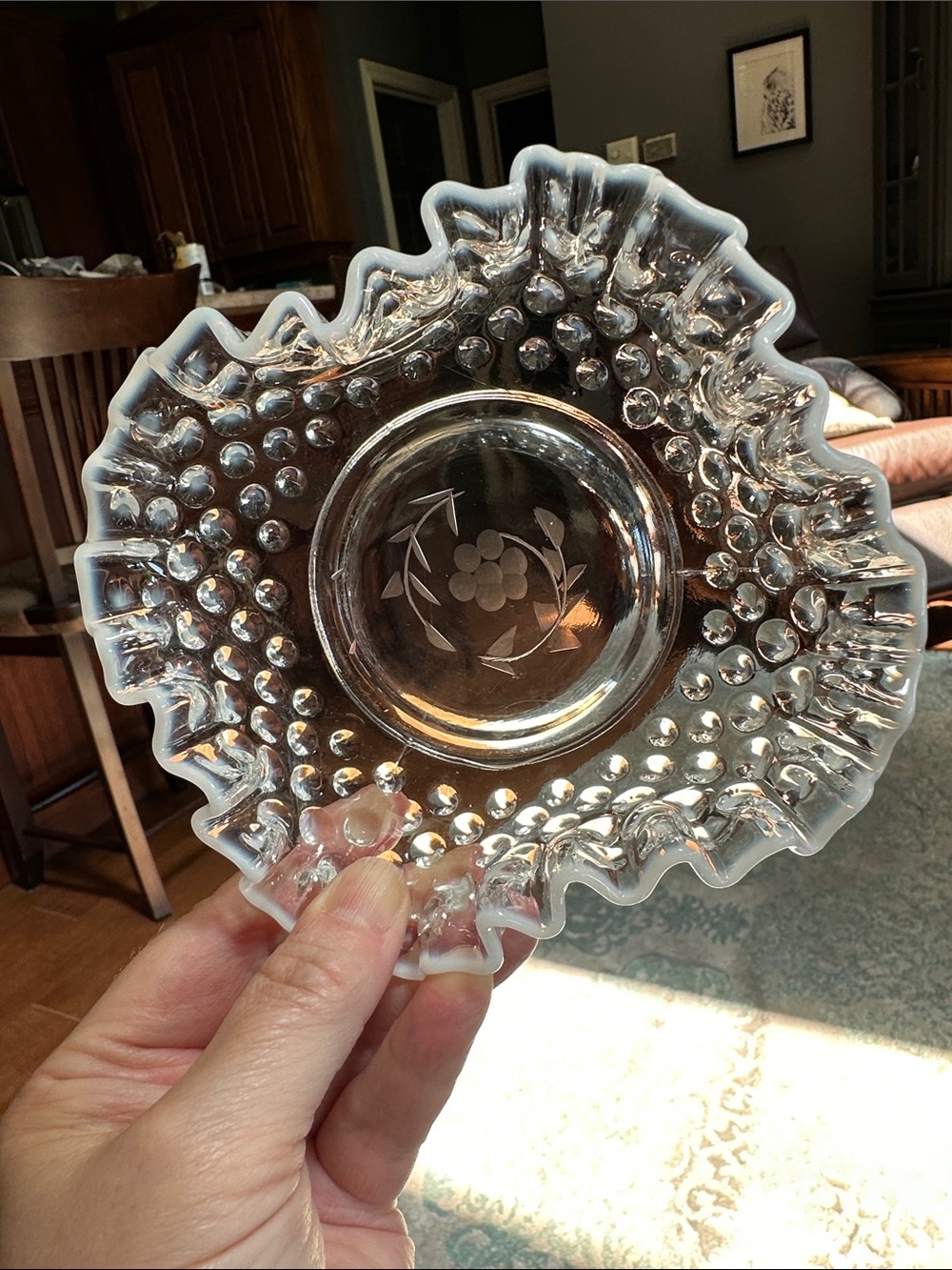 Fenton Opalescent Hobnail Glass Ruffled Edge Dish - White Trim and Etched Floral